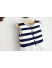 Ivory And Navy Blue Striped Taffeta Flower Girl Dress With Flower